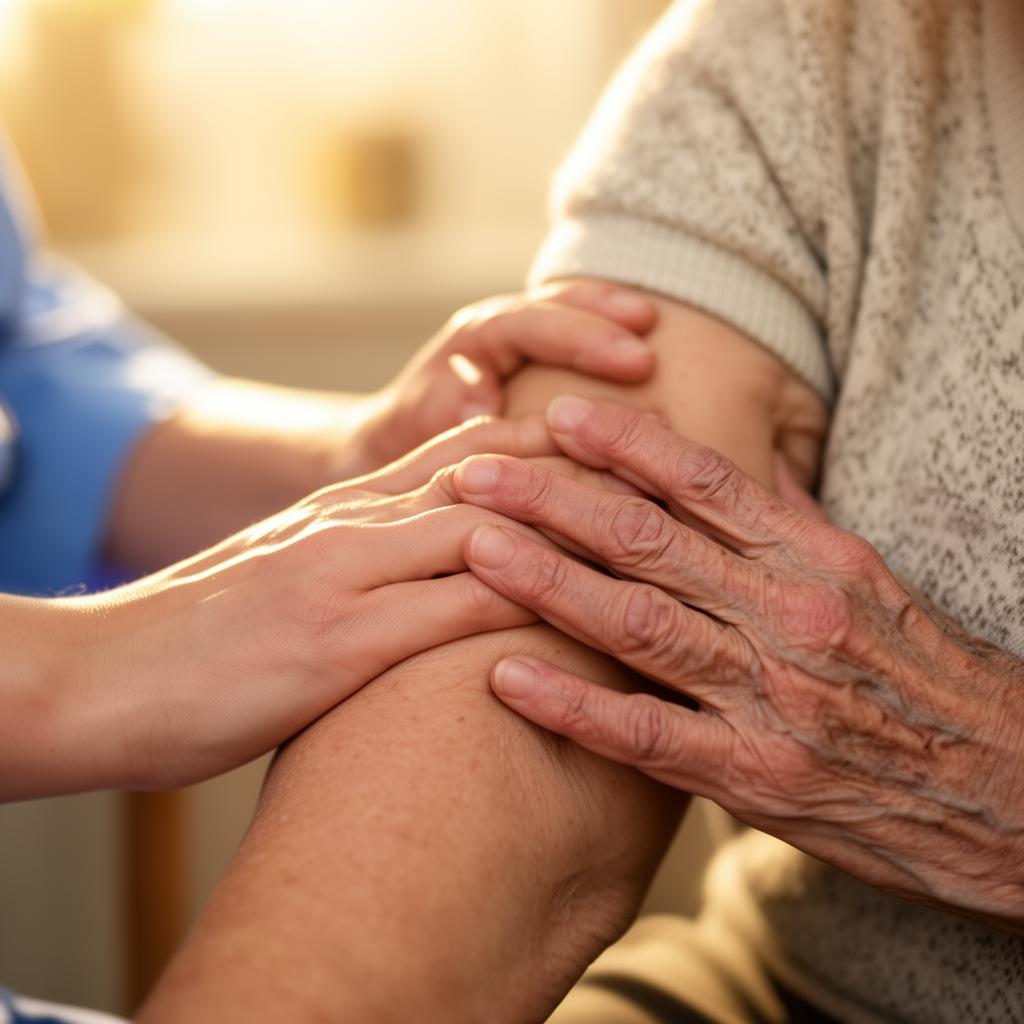 A caregiver's hand resting gently on a senior's arm